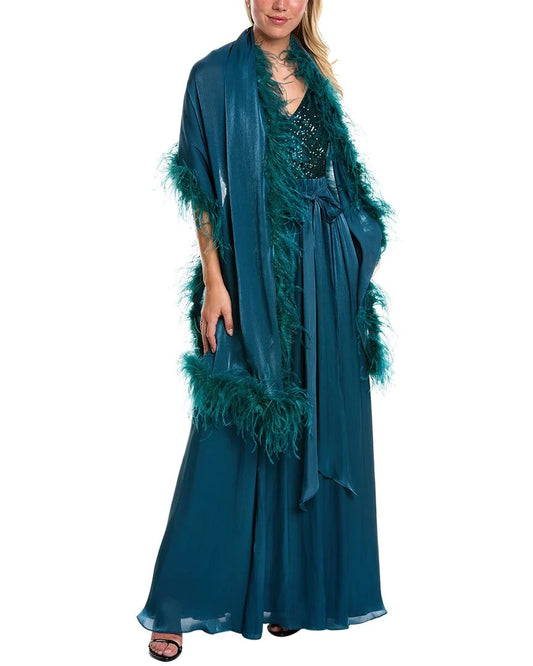 Badgley Mischka Feather Wrap Sequin Gown-0