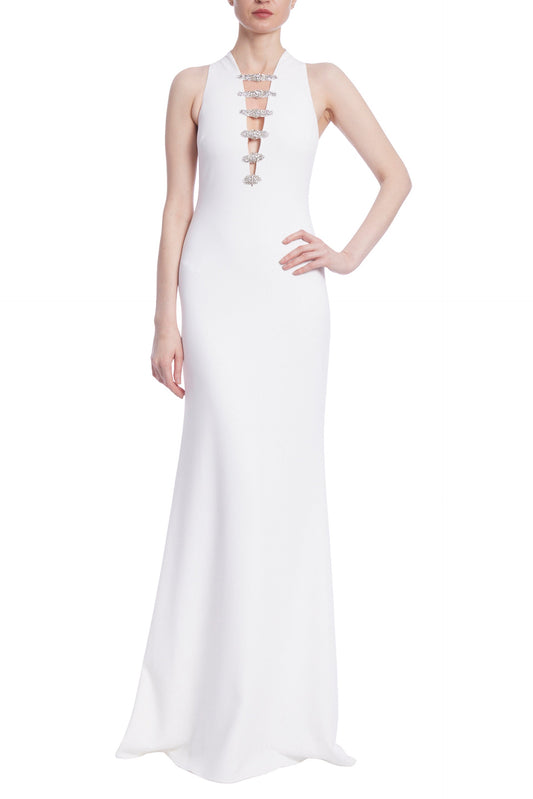 Badgley Mischka Sleeveless Crepe Embellished Broaches Deep V-Neck Silhouette Gown-0