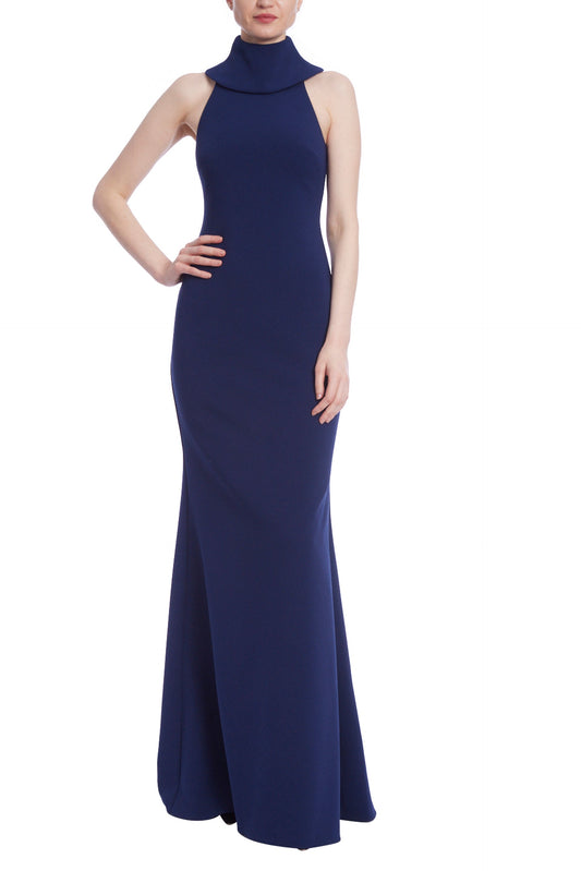 Badgley Mischka Racerback High Neck Column Crepe Gown-0