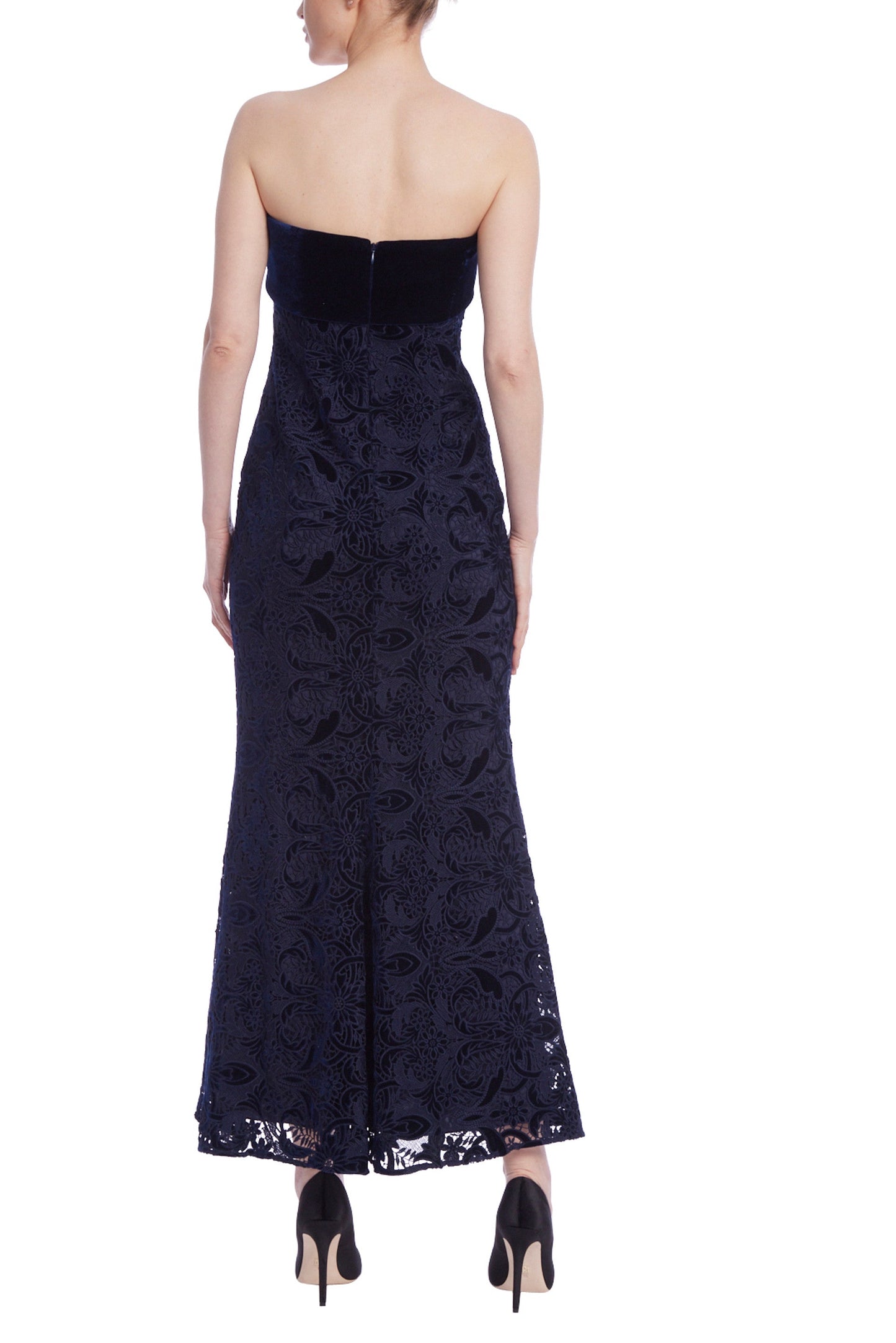 Badgley Mischka Lace Velvet Mixed Media Popover Strapless Midi Bodice Dress-2