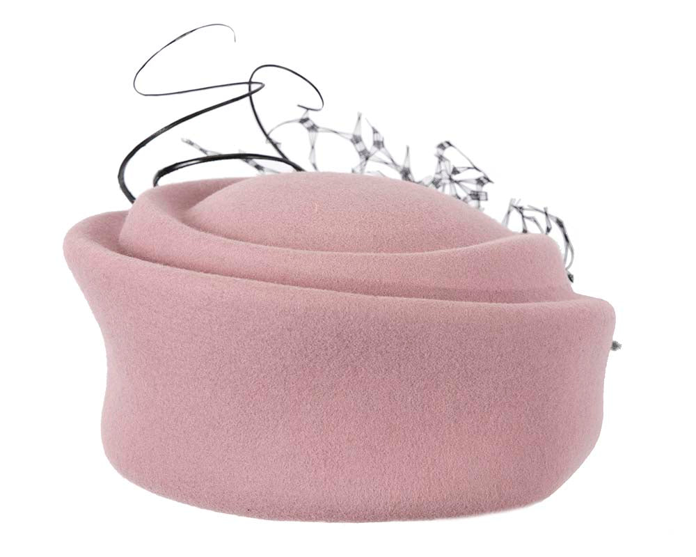 Large dusty pink winter felt pillbox hat for races
