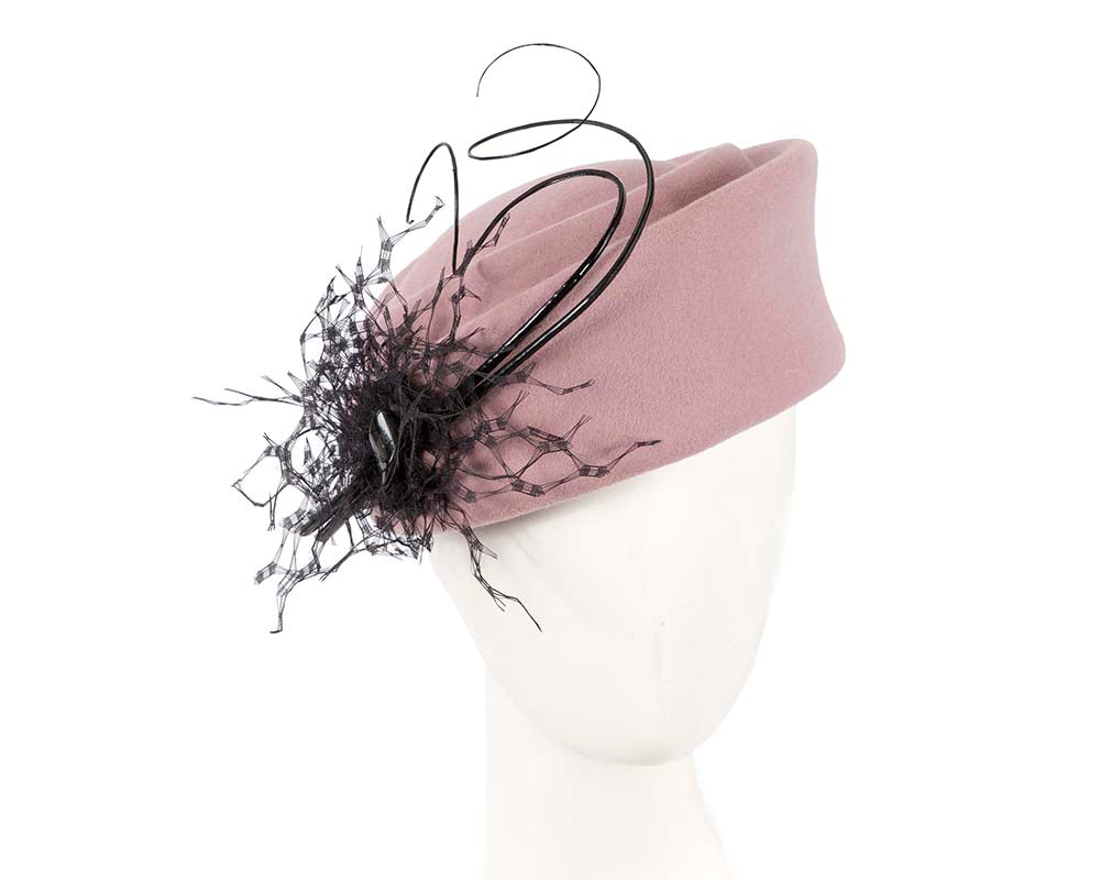 Large dusty pink winter felt pillbox hat for races