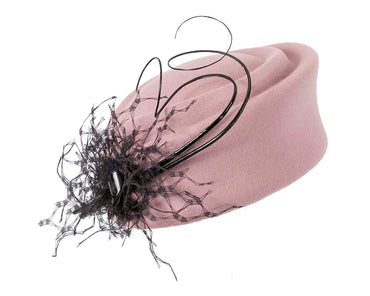 Large dusty pink winter felt pillbox hat for races