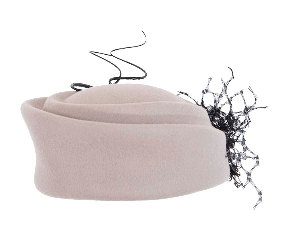 Large grey winter felt pillbox hat for races-5