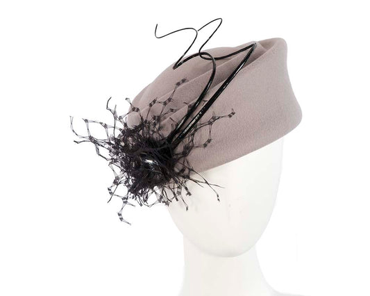 Large grey winter felt pillbox hat for races-0