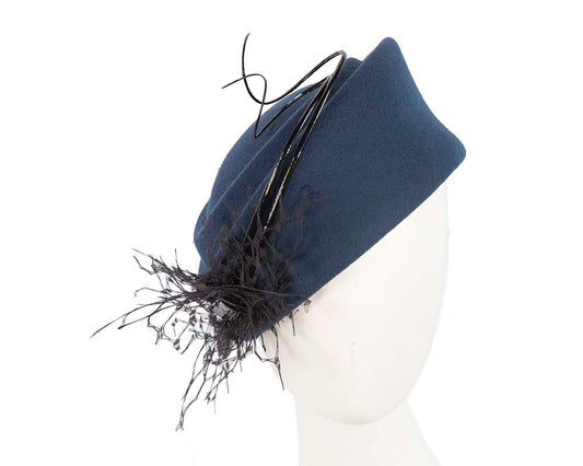 Large navy winter felt pillbox hat for races F572N-0
