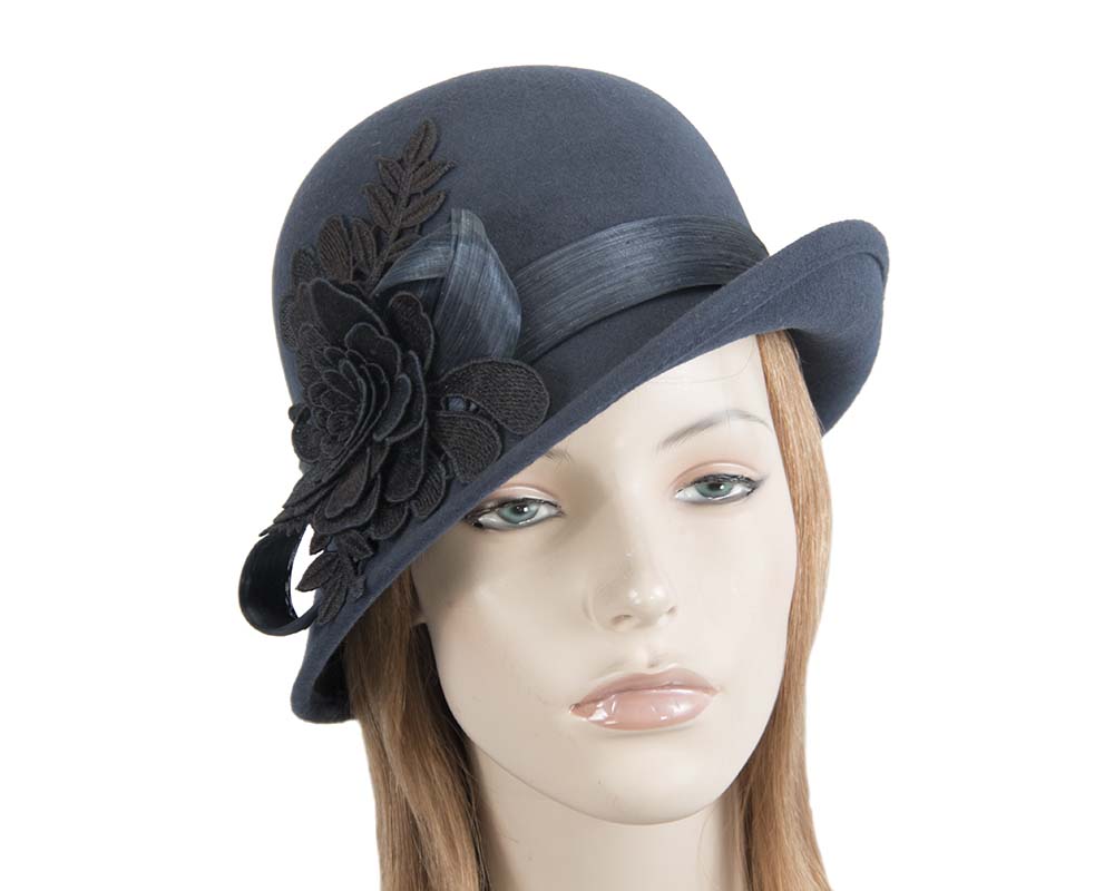 Navy felt cloche hat with lace by Fillies Collection