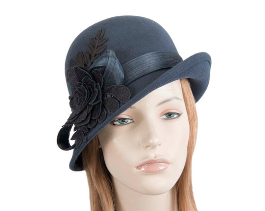 Navy felt cloche hat with lace by Fillies Collection