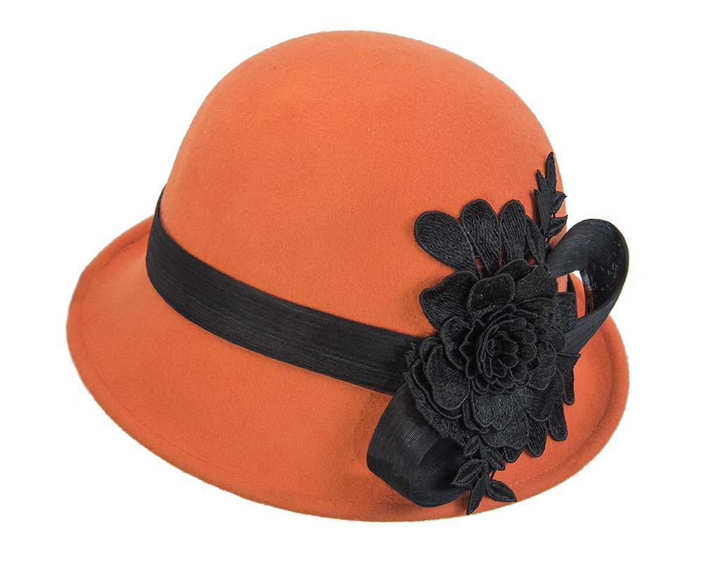 Orange felt cloche hat with lace by Fillies Collection