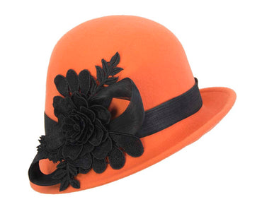 Orange felt cloche hat with lace by Fillies Collection