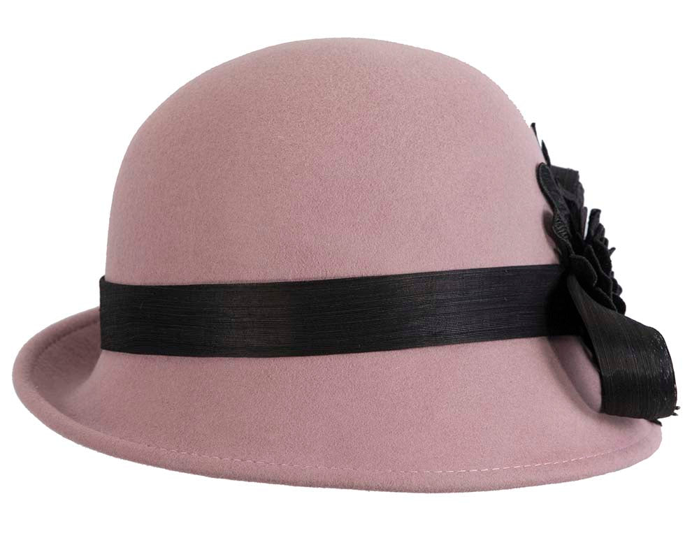 Dusty pink felt cloche hat with lace by Fillies Collection