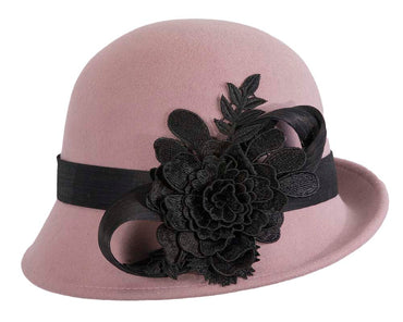 Dusty pink felt cloche hat with lace by Fillies Collection