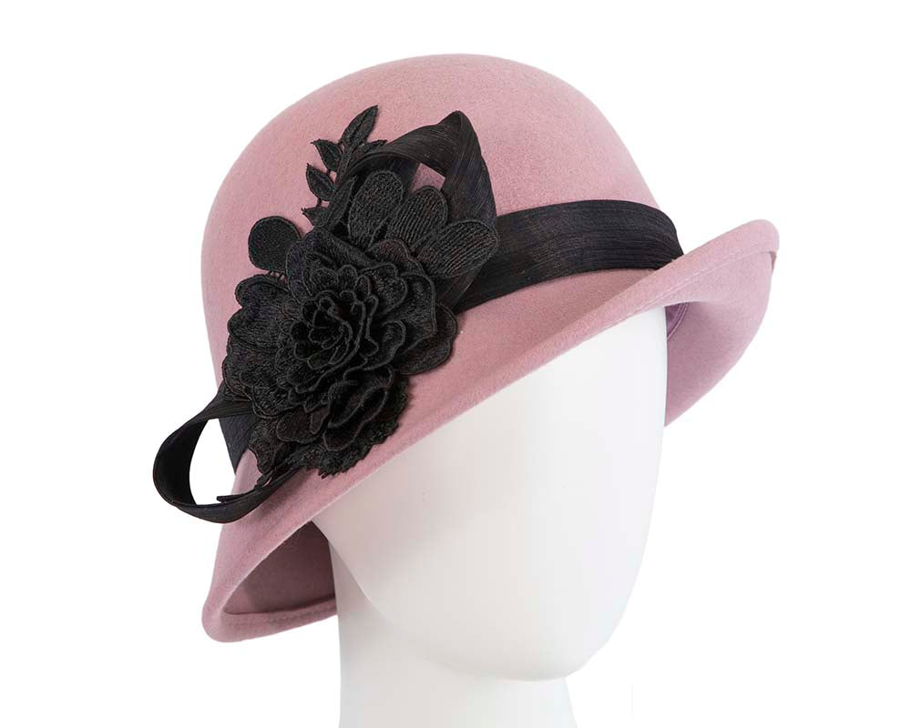 Dusty pink felt cloche hat with lace by Fillies Collection