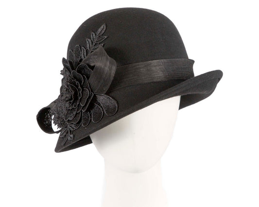 Black felt cloche hat with lace by Fillies Collection-0