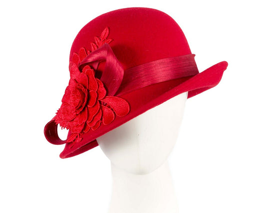 Red felt cloche hat with lace by Fillies Collection-0