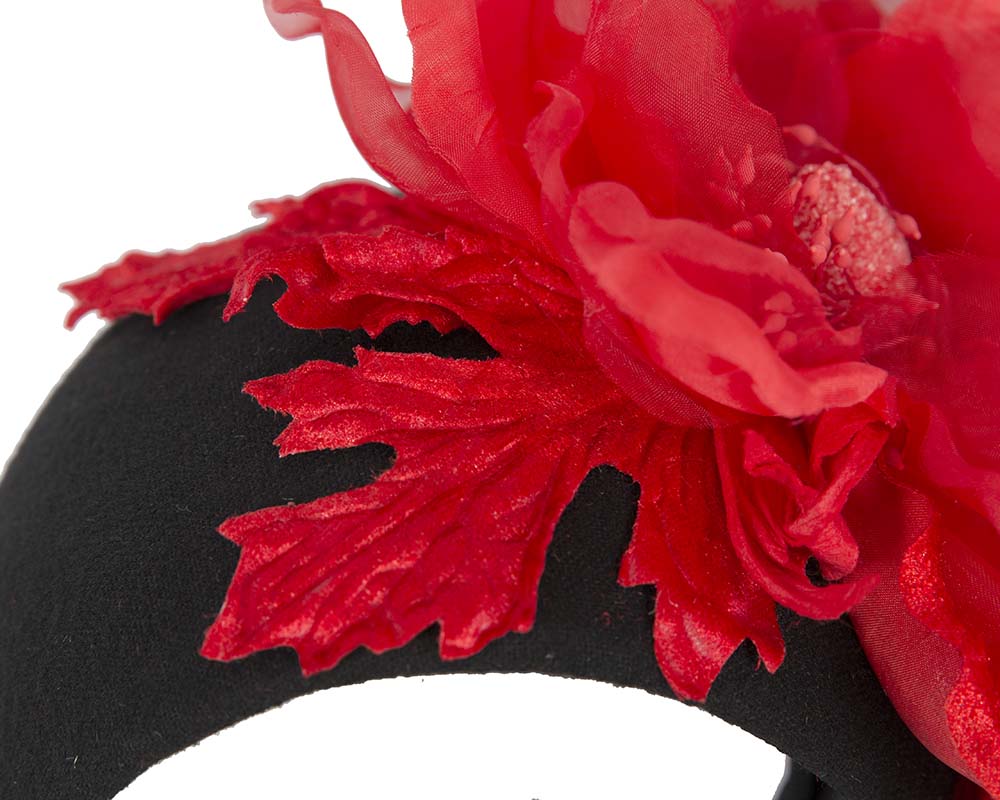 Wide black headband with red silk flower