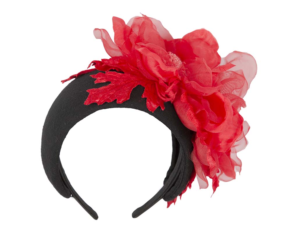 Wide black headband with red silk flower