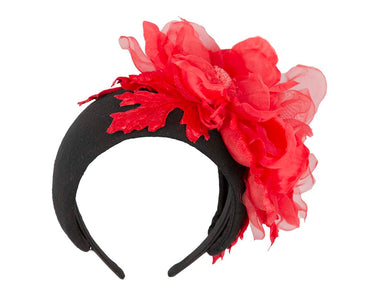 Wide black headband with red silk flower
