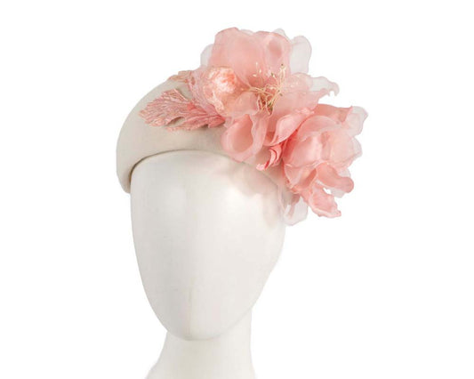 Wide cream headband with pink silk flower