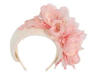 Wide cream headband with pink silk flower
