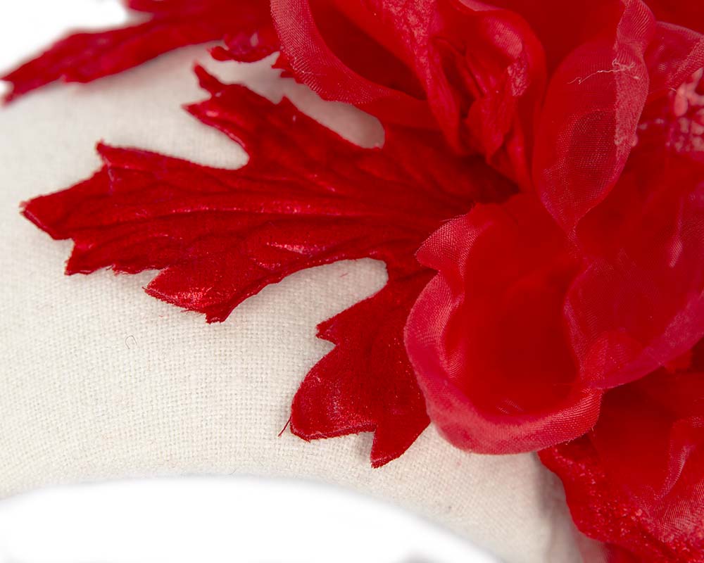 Wide cream headband with red silk flower-2