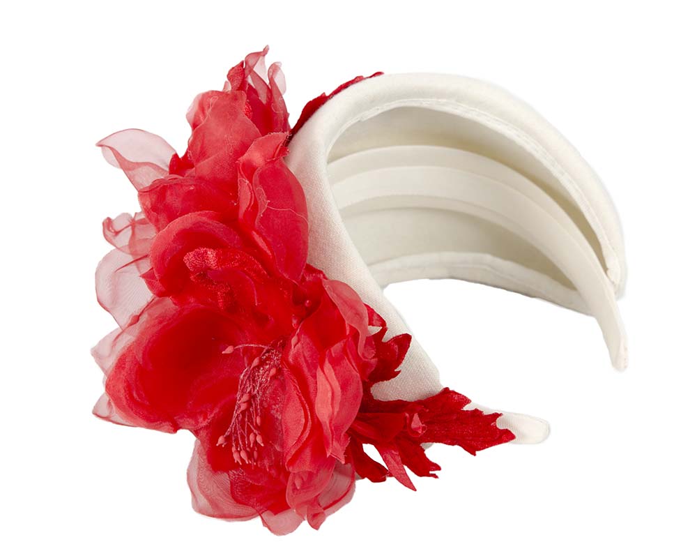 Wide cream headband with red silk flower-4
