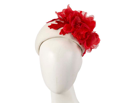 Wide cream headband with red silk flower-0