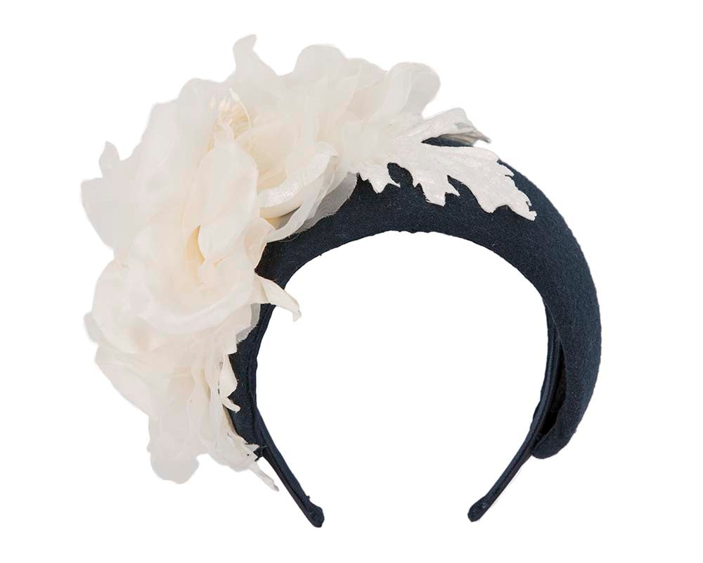 Wide navy headband with cream silk flower-3