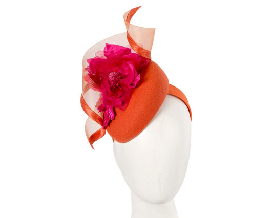 Orange winter pillbox fascinator with fuchsia flower