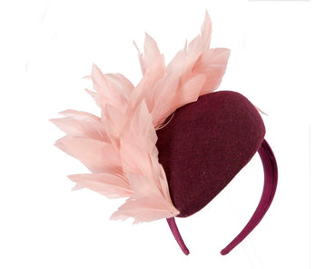 Burgundy & pink feather winter facing fascinator