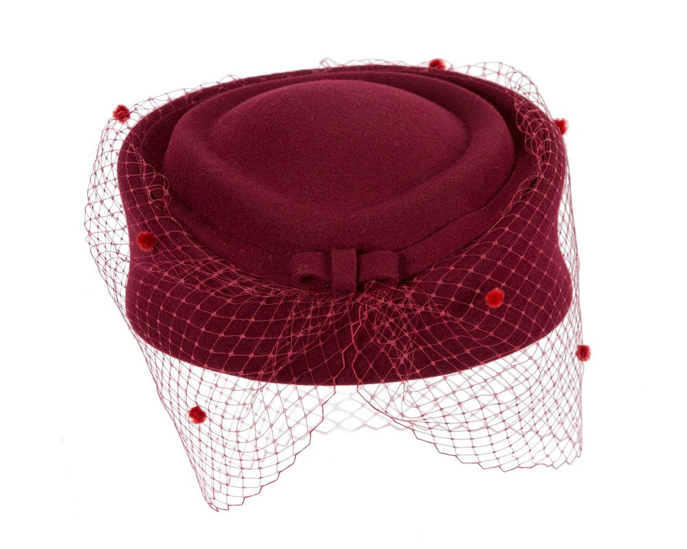 Large burgundy beret hat with face veil by Fillies Collection