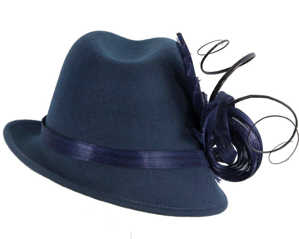 Navy ladies winter fashion felt fedora hat by Fillies Collection F686-5