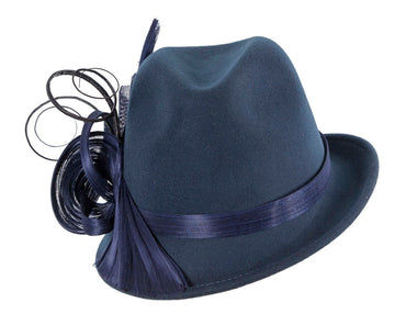 Navy ladies winter fashion felt fedora hat by Fillies Collection F686-1