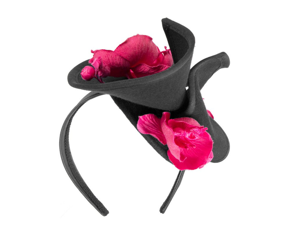 Black and fuchsia winter felt fascinator with orchid