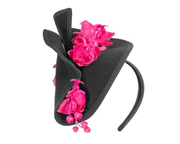 Black and fuchsia winter felt fascinator with orchid