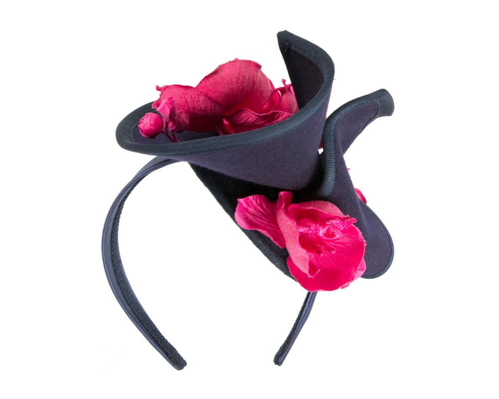 Navy and fuchsia winter felt fascinator with orchid