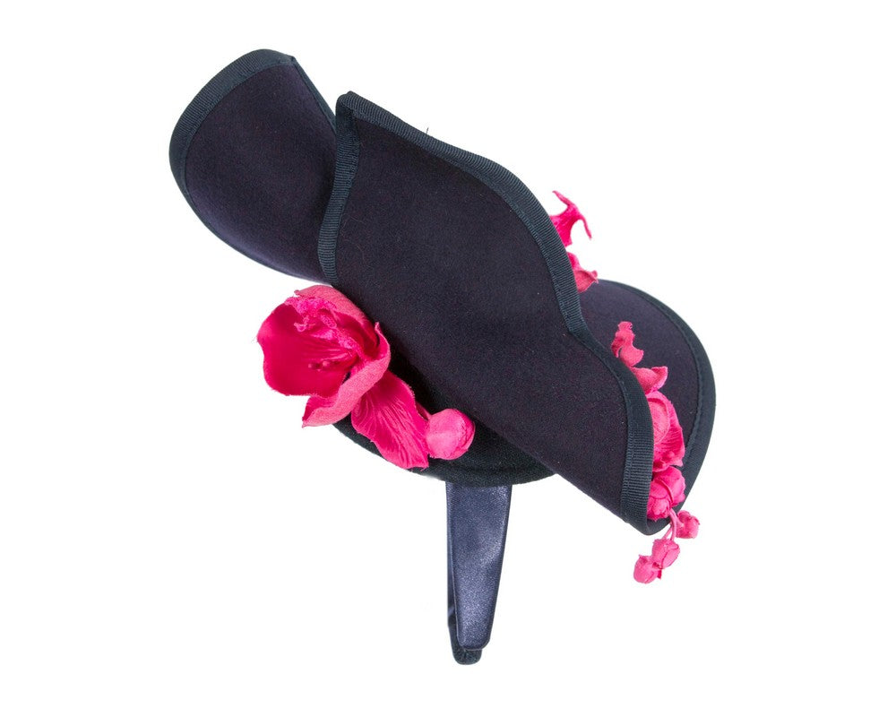 Navy and fuchsia winter felt fascinator with orchid