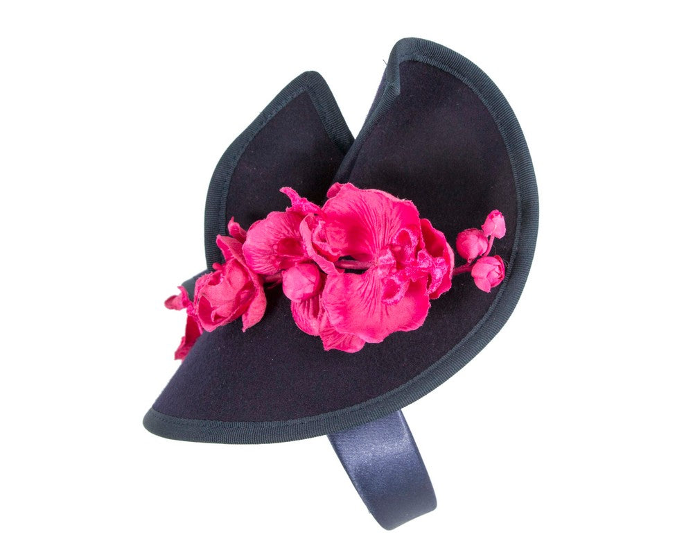 Navy and fuchsia winter felt fascinator with orchid