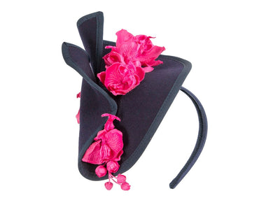 Navy and fuchsia winter felt fascinator with orchid