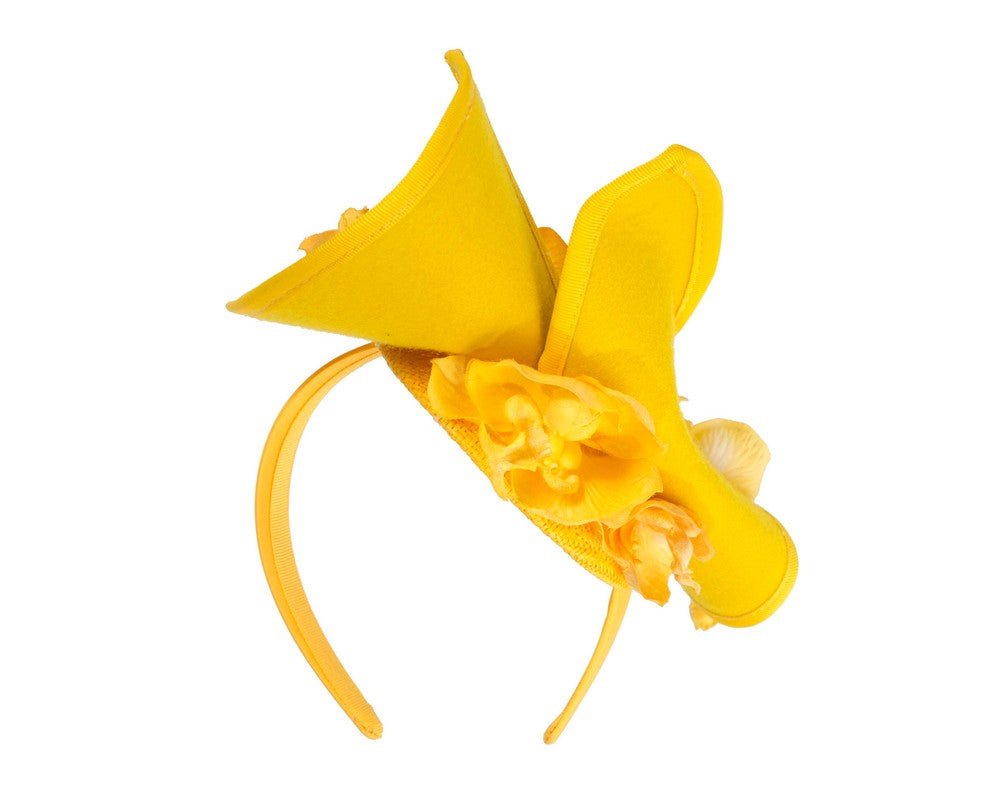 Yellow winter felt fascinator with orchid
