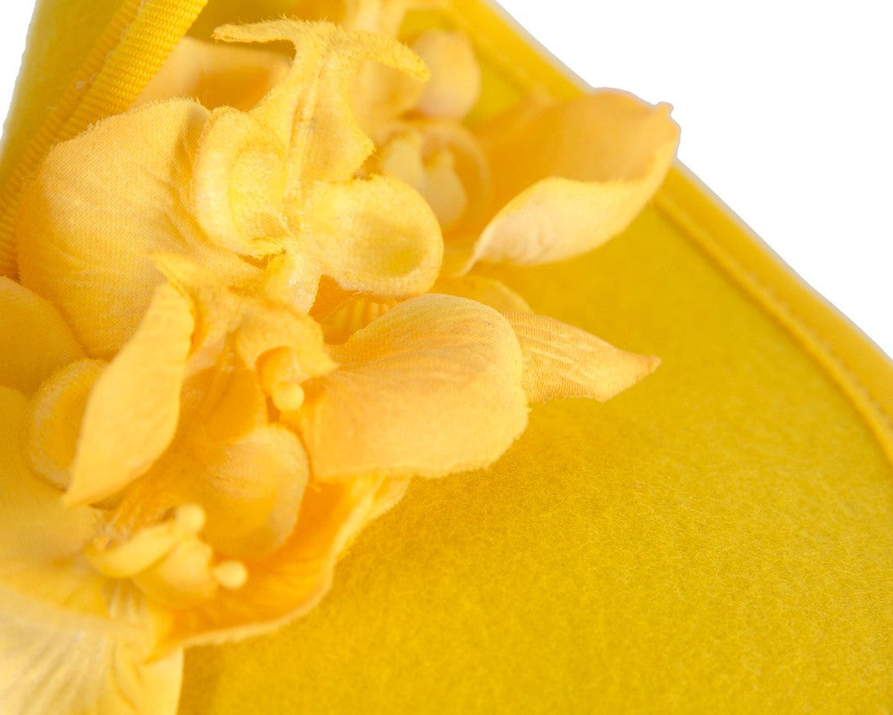 Yellow winter felt fascinator with orchid