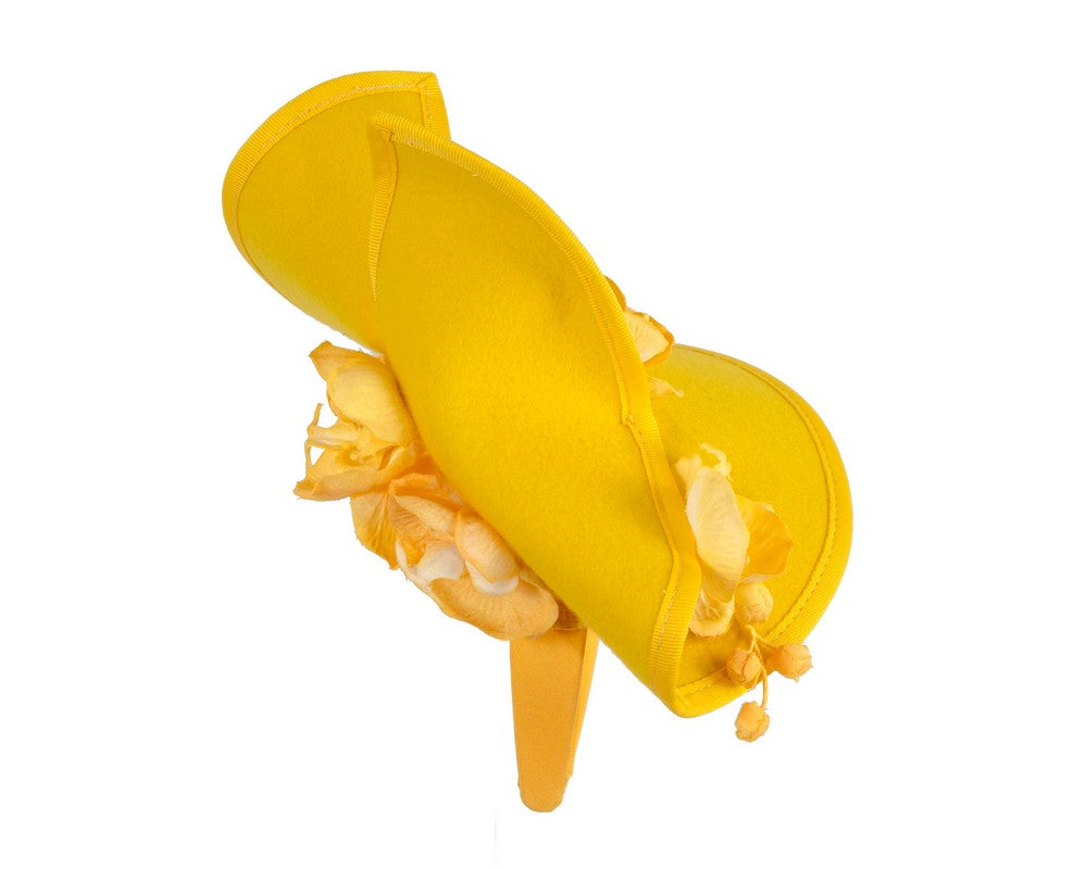 Yellow winter felt fascinator with orchid