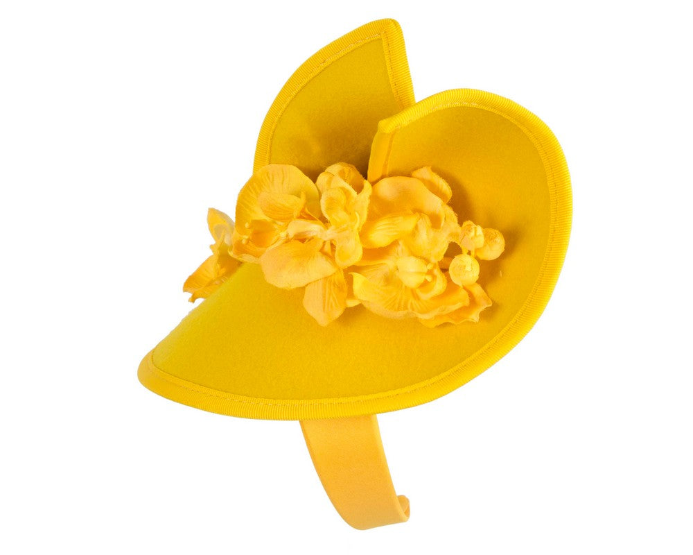 Yellow winter felt fascinator with orchid