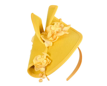Yellow winter felt fascinator with orchid
