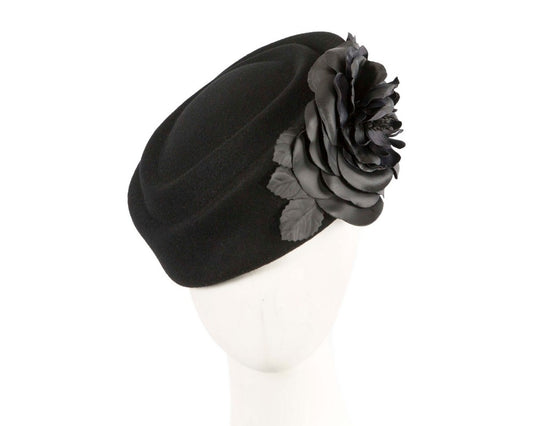 Large black felt beret with leather flower-0