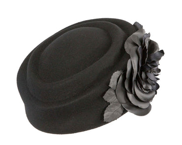 Large black felt beret with leather flower-1
