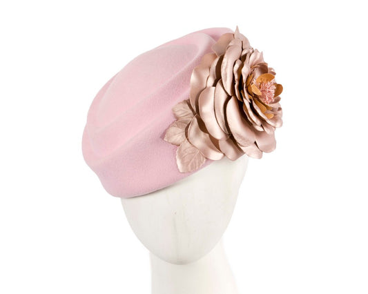 Large pink felt beret with leather flower-0