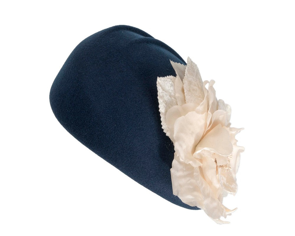 Navy Wool Hat with Cream Floral Accent - Winter Elegance-5