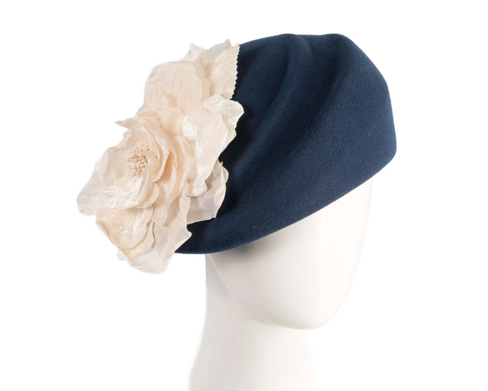 Navy Wool Hat with Cream Floral Accent - Winter Elegance-0