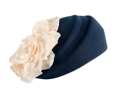 Navy Wool Hat with Cream Floral Accent - Winter Elegance-1
